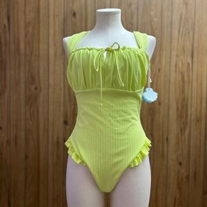 Popflex Sea Maiden Ruffle One Piece Swimsuit Sunny Lime Neon Yellow Ribbed
